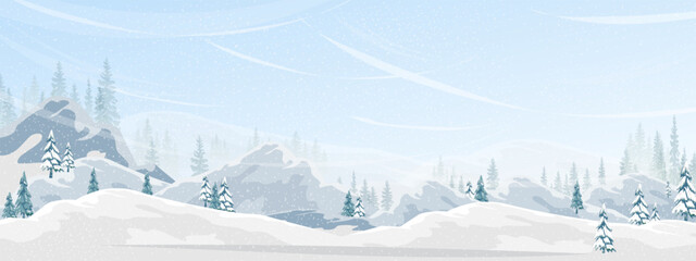 Winter background,Landscape winter wonderland with blue sky and cloud,snow falling on forest tree,mountains for Christmas card, Vector illustration frosty,snowy covered hills,fir trees, clear blue sky