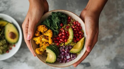 Lifting ceramic bowl holding vibrant cauliflower kale salad from grey countertop, serving lunch - Powered by Adobe