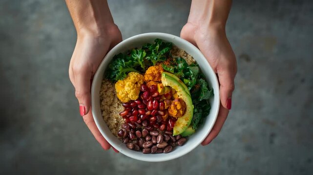 Entering female hands gripping white bowl over countertop, showcasing quinoa pomegranate avocado