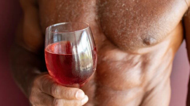 Toned torso gripping red goblet, evoking Bacchanalias hedonistic whispers, Afro-Caribbean male, celebrating Vinalia and Festes de Sant Joan