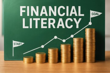 Financial literacy education fosters smart money management, visualizing steady investment growth toward wealth goals on a vibrant green chalkboard display with increasing gold coins