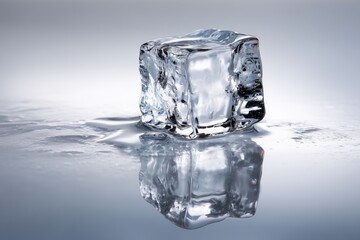 Close-up of a melting ice cube with reflections on a smooth surface