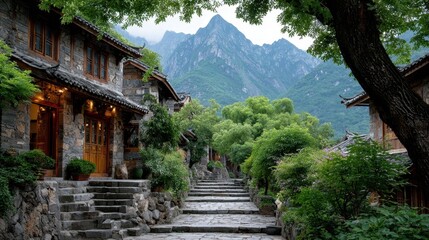 Scenic Stone Pathway Leading to Mountains in Traditional Chinese Village