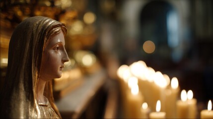A golden statue of a serene woman overlooks flickering church candles, evoking tranquil All Saints' Day reverence