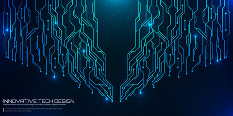 Futuristic cyber technology background with neon blue circuit connections and digital data visualization representing artificial intelligence and innovation systems.