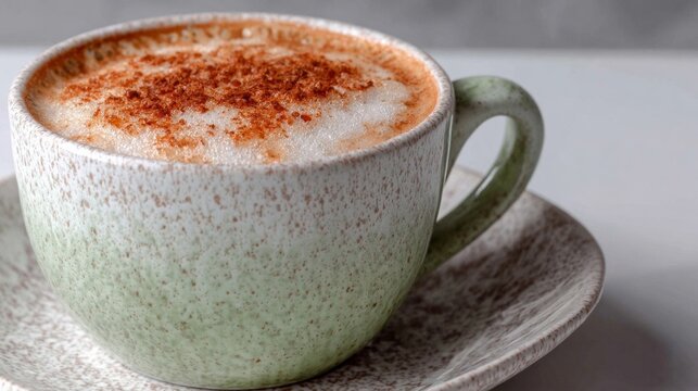 Aromatic cinnamon-dusted latte swirls cozy warmth, perfect for Hygge festivities and International Coffee Day indulgence in serene settings