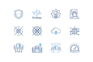 Business icon set. Strategy, innovation, security. Financial growth, data analysis, cloud technology. Global network, performance optimization, team protection, insurance concept.