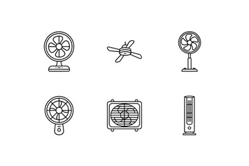 Fan icon set vector collection. Electric air cooling ventilators for home. Includes table fan, ceiling fan, pedestal fan, box fan, tower fan. Household appliance line art symbols.