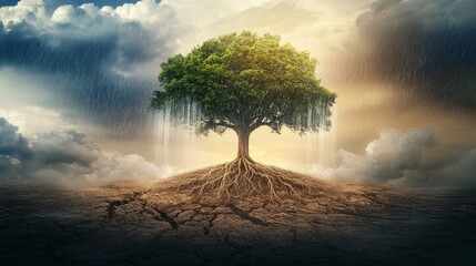 large, leafy tree in the middle of a deforested forest generative ai