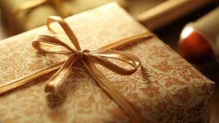 Sliding camera adjusting focus on ornate gift box on tabletop, with gold ribbon and blurred tubes - Powered by Adobe
