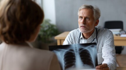 Elderly Caucasian male doctor holds enigmatic X-ray, introspective patient dialogue; resonates with World Health Day, Radiology Week