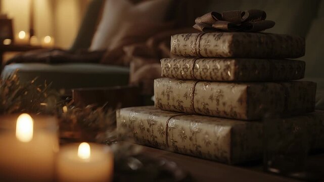 Candle flames flickering after lighting on table in living room, with stack of wrapped gifts