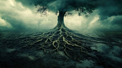 large, leafy tree in the middle of a deforested forest generative ai