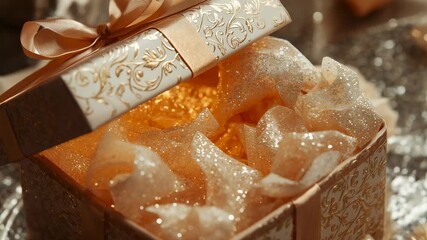 Recording starting, camera zooming inward on gift box on glittered table, revealing glittery filler - Powered by Adobe