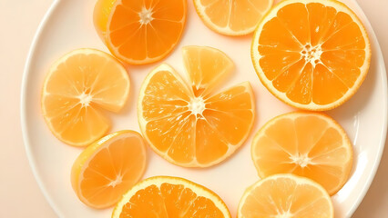 Fototapeta premium Tangerine pieces and peeled mandarin fruit in minimal orange composition