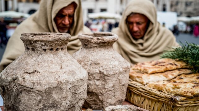 Ancient clay pots and rustic bread evoke medieval market days, capturing whispers of bygone barter rituals and Feriae Latinae