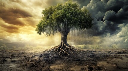 large, leafy tree in the middle of a deforested forest generative ai