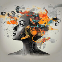 Overthinking, restlessness and burnout. Modern, conceptual illustration of a female figure overwhelmed by intrusive thoughts, emotional stress, anxiety, mental overload and psychological struggle.