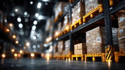 Obraz premium Warehouse Shelves with Palletized Boxes and Bokeh Lights in Dark Interior
