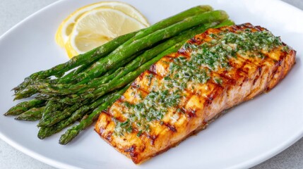 Grilled salmon with lush asparagus and lemon evokes gourmet simplicity, ideal for Earth Day or Swedish Midsommar celebrations