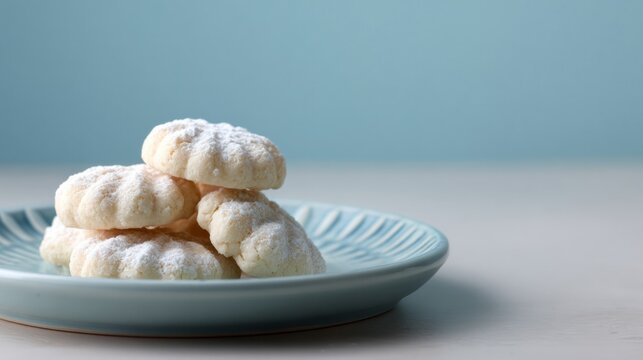 Powdery snowball cookies rest like whispers on a ceramic sea, evoking Eid al-Fitr feasts and hygge warmth