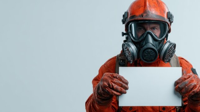 A person in a bright orange hazmat suit stands holding a blank sign, symbolizing safety and alertness amidst potential hazards in a sterile environment or emergency situation.