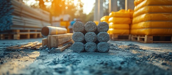 Fototapeta premium Construction site with concrete posts and materials.