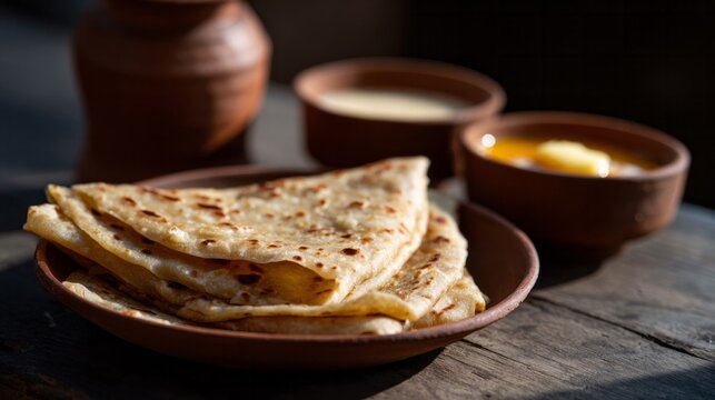 Golden parathas bask in morning light, evoking Lohri celebrations with warm ghee pools, rustic Indian village breakfast vibes