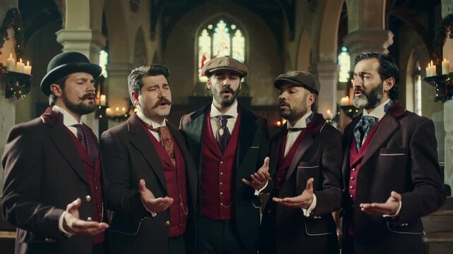 Music starting, five male choir members singing Christmas carol in stone church, with garlands