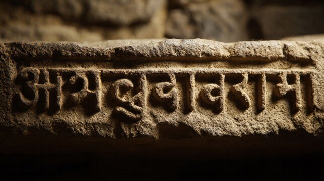 Ancient Sanskrit carvings whisper tales of Diwali's radiant joy, echoing timeless traditions and mystical celebrations, stone-etched histories