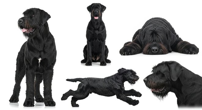 Black Russian Terrier dogs displaying various poses and expressions