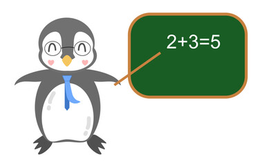 Cute Cartoon Penguin Teacher Explaining Math on a Chalkboard