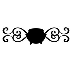 Logo con silueta de caldero de bruja con filigrana caligráfica. Silueta con florituras para tarjetas y felicitaciones de Halloween © teracreonte