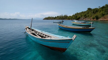 Naklejka premium Tranquil azure waters cradle rustic wooden boats, celebrating Southeast Asian maritime traditions and the serene Dragon Boat Festival