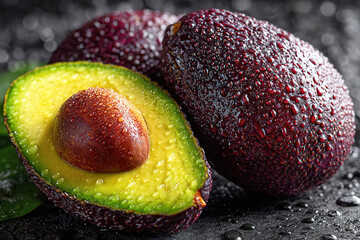 Freshly cut avocado with droplets resting on its vibrant green interior on a black surface
