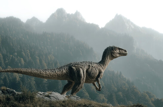 Exploring the prehistoric world with Afrovenator in a lush landscape of mountains and forests