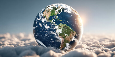 A beautiful Earth Day installation features the planet surrounded by soft clouds during daylight