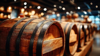 Row of Oak Barrels in Distillery or Winery with Bokeh Background