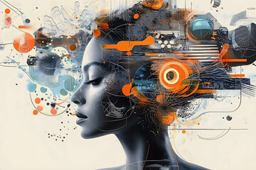 Overthinking, restlessness and burnout. Modern, conceptual illustration of a female figure overwhelmed by intrusive thoughts, emotional stress, anxiety, mental overload and psychological struggle.