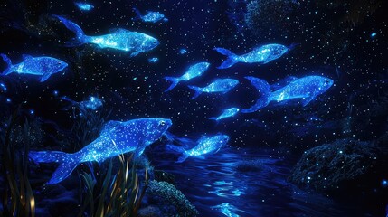 A deep-sea scene with bioluminescent fish and mysterious shadows