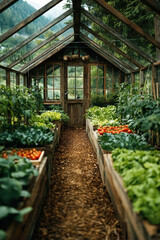 Vibrant vegetables like tomatoes and cabbage thrive in a peaceful greenhouse