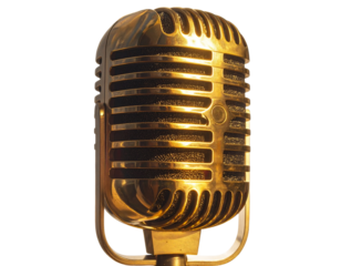  Classic Vintage Golden Microphone with Retro Stand Studio Spotlight isolated on transparent background PNG