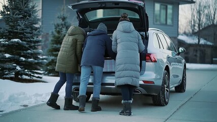 Loading gift boxes by three adults after rear hatch opening on snowy driveway, with silver SUV - Powered by Adobe