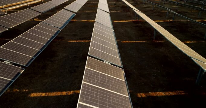 Low sunset aerial dolly over neat rows of PV solar panels on solar park