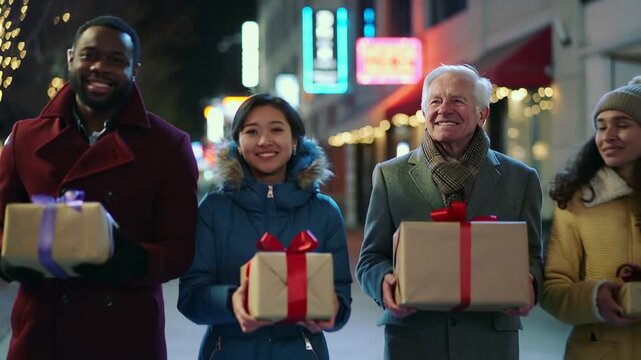 Walking friends holding gift boxes along holiday-lit sidewalk with HOFF'S SHOES sign glowing