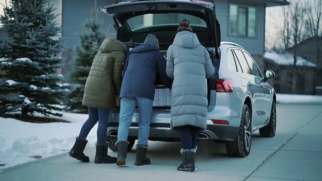 Loading gift boxes by three adults after rear hatch opening on snowy driveway, with silver SUV