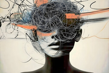 Overthinking, restlessness and burnout. Modern, conceptual illustration of a female figure overwhelmed by intrusive thoughts, emotional stress, anxiety, mental overload and psychological struggle.