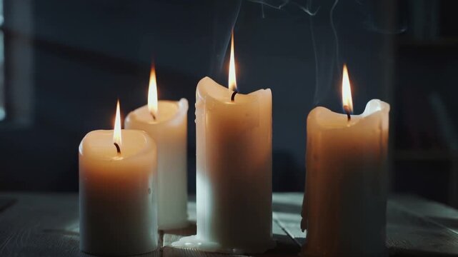 Flickering four white pillar candles responding to draft on wooden tabletop, with rising smoke