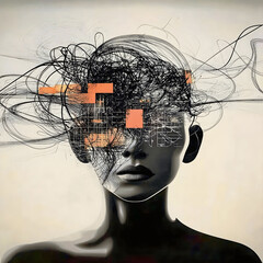 Overthinking, restlessness and burnout. Modern, conceptual illustration of a female figure overwhelmed by intrusive thoughts, emotional stress, anxiety, mental overload and psychological struggle.