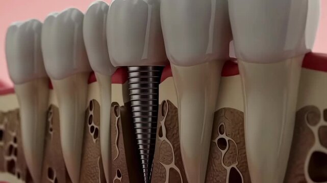 Close-up of a dental implant surgically placed into the jawbone, showing surrounding teeth.